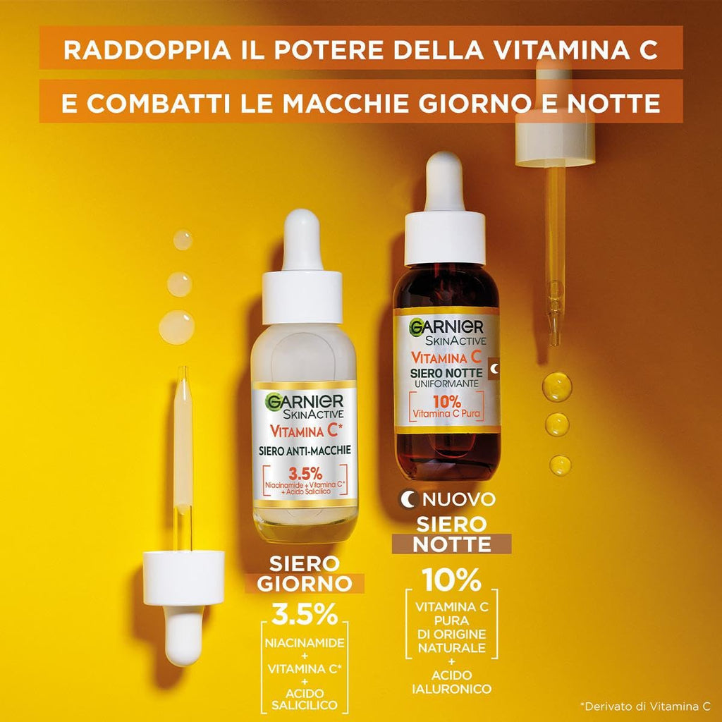 Garnier Siero Viso Vitamina C Anti-Macchie, Illuminante e Rimpolpante, Arricchito con Vitamina C, Niacinamide e Acido Salicilico, Pelle Libera dalle Macchie Scure in 6 Giorni, Incarnato Luminoso, 30ml