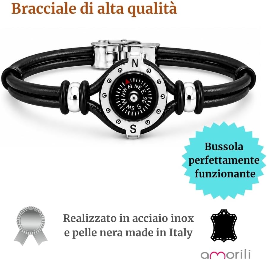 Bracciale Uomo con Bussola Ancora in Acciaio Inox e Pelle – Simbolo Nautico Marino – Idea Regalo Mare Estate – Braccialetto Elegante