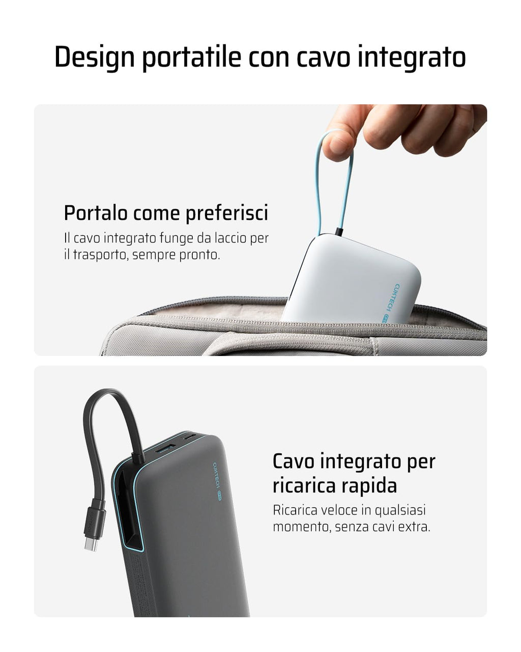 CUKTECH Power Bank 20000mAh,PD 45W Powerbank Caricabatterie Portatile con Cavo USB-C Incorporato,1 USB-C,1 USB-A,per iPhone, Galaxy, Xiaomi, MacBook e Altri
