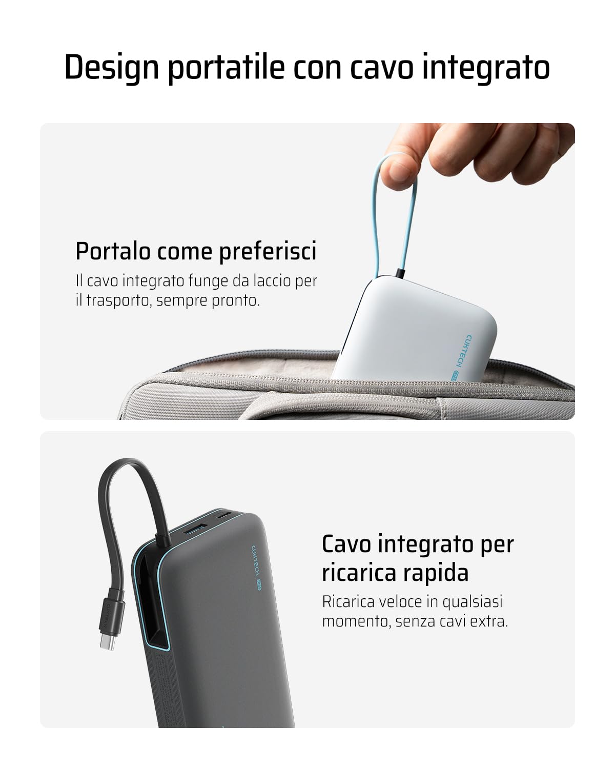 CUKTECH Power Bank 20000mAh,PD 45W Powerbank Caricabatterie Portatile con Cavo USB-C Incorporato,1 USB-C,1 USB-A,per iPhone, Galaxy, Xiaomi, MacBook e Altri