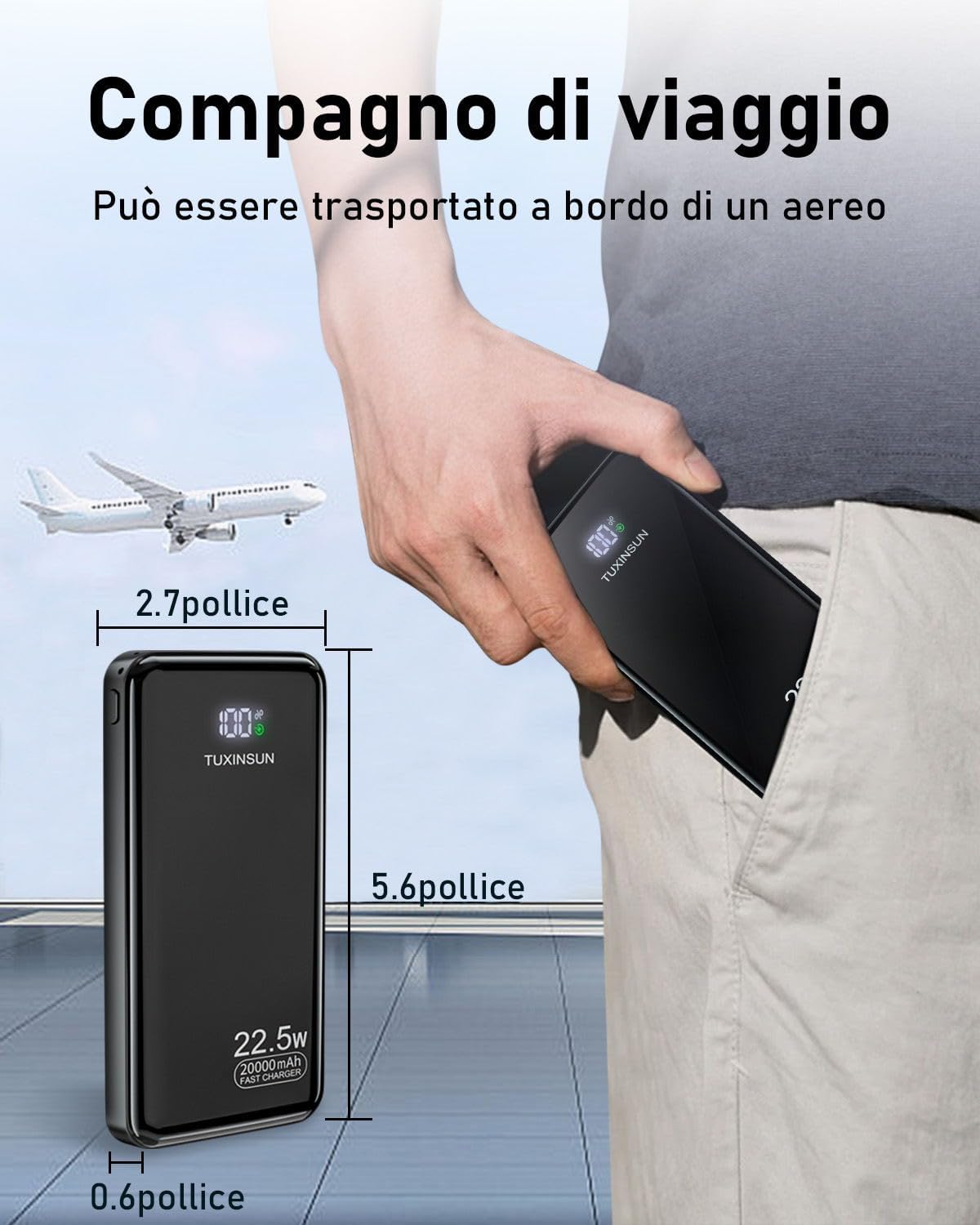 Power Bank 20000mAh PD3.0 QC4.0 22,5W Powerbank Ricarica Rapida, Ingresso e Uscita USB C Caricatore Portatile Powerbank Con Display LCD per Smartphone smartwatch ecc