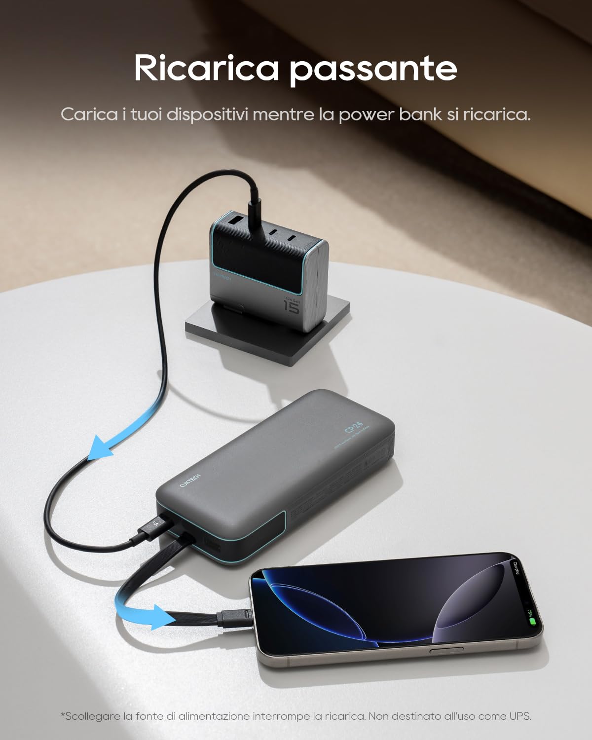 CUKTECH Power Bank 20000mAh,PD 45W Powerbank Caricabatterie Portatile con Cavo USB-C Incorporato,1 USB-C,1 USB-A,per iPhone, Galaxy, Xiaomi, MacBook e Altri