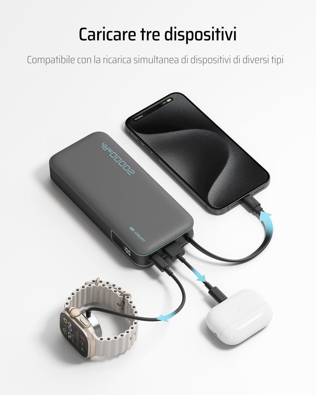 CUKTECH Power Bank 20000mAh,PD 45W Powerbank Caricabatterie Portatile con Cavo USB-C Incorporato,1 USB-C,1 USB-A,per iPhone, Galaxy, Xiaomi, MacBook e Altri