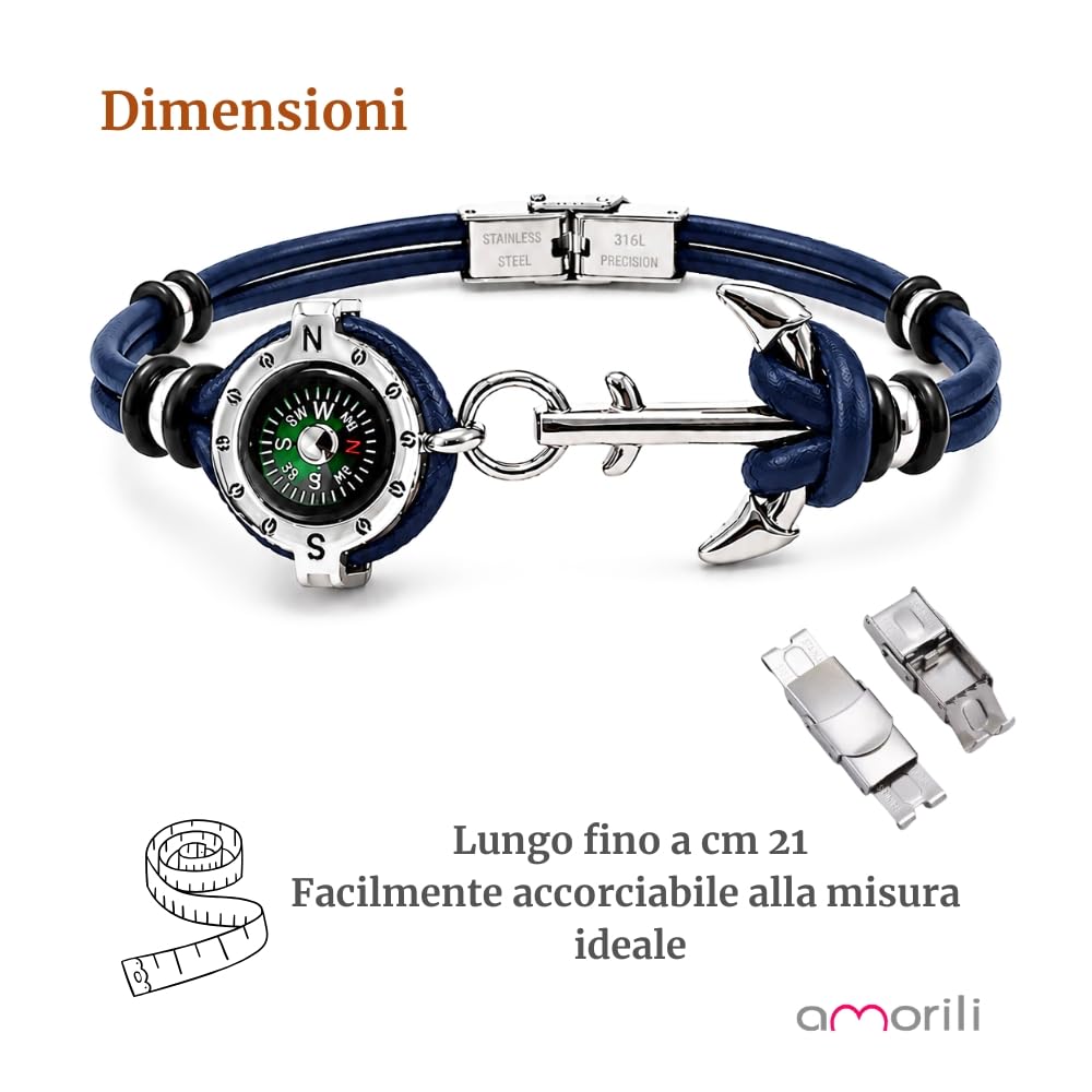 Bracciale Uomo con Bussola Ancora in Acciaio Inox e Pelle – Simbolo Nautico Marino – Idea Regalo Mare Estate – Braccialetto Elegante