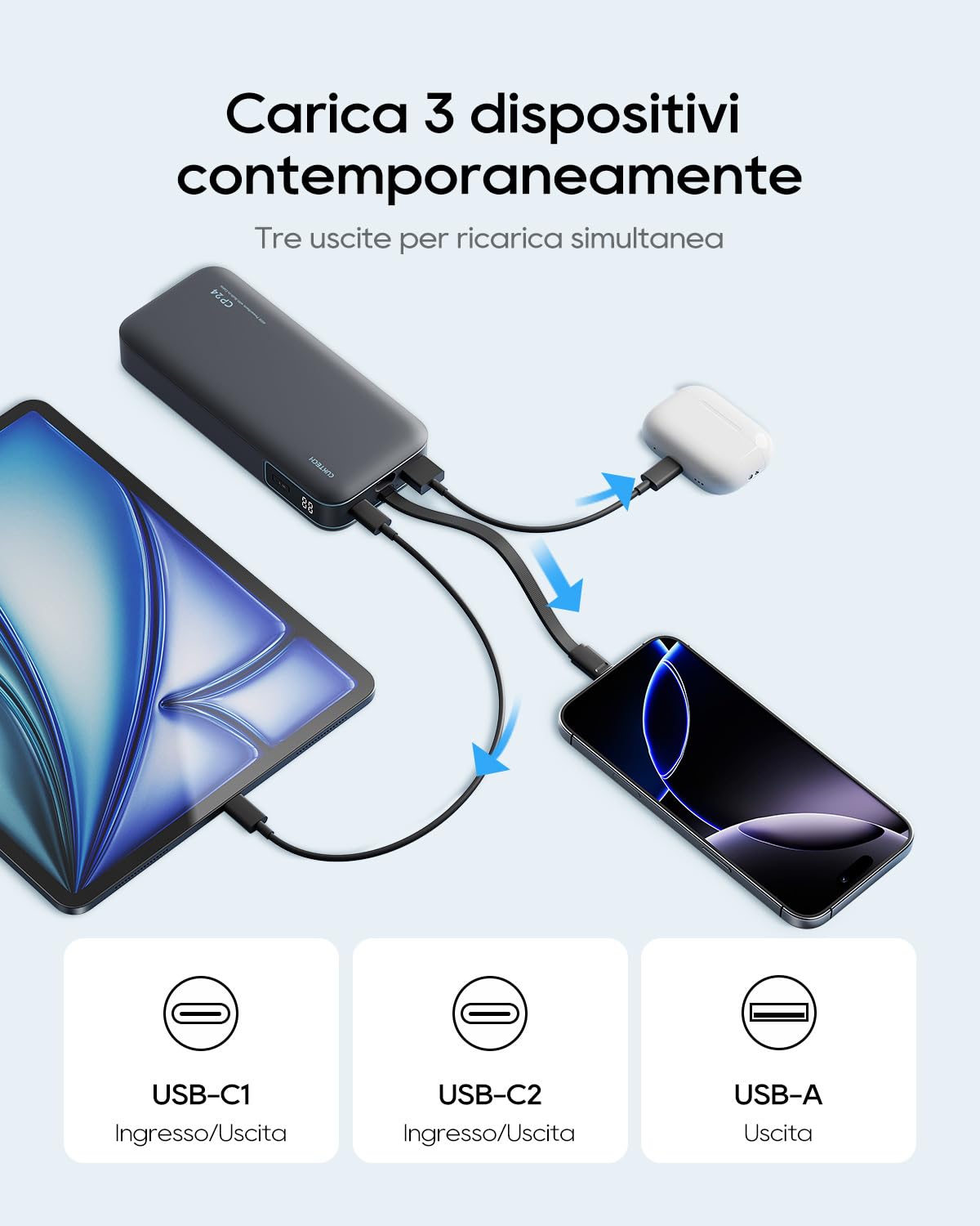 CUKTECH Power Bank 20000mAh,PD 45W Powerbank Caricabatterie Portatile con Cavo USB-C Incorporato,1 USB-C,1 USB-A,per iPhone, Galaxy, Xiaomi, MacBook e Altri