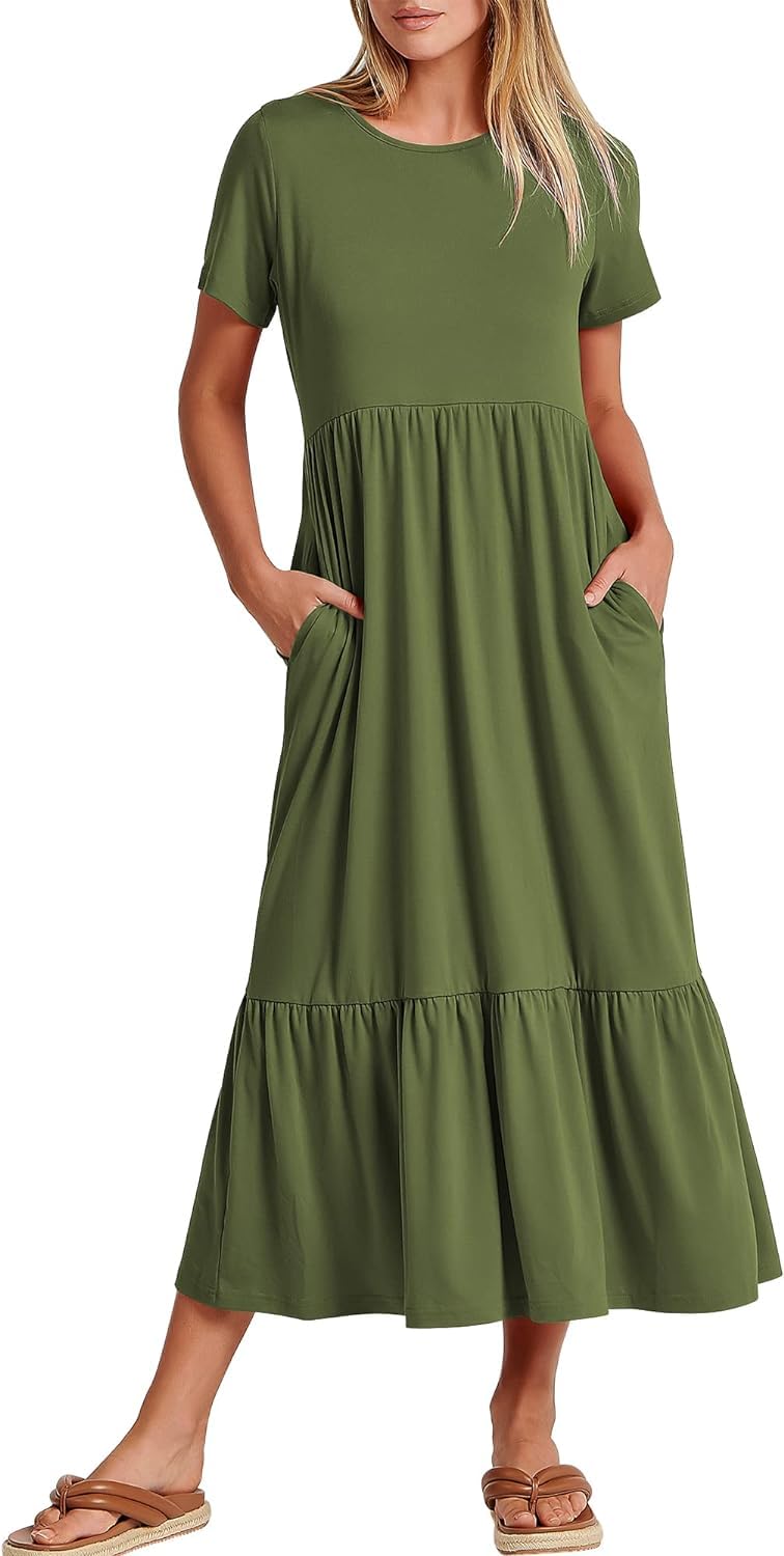 Maxi abito da spiaggia a strati fluente da donna - Abito estivo casual a maniche corte con tasche 2024 moda