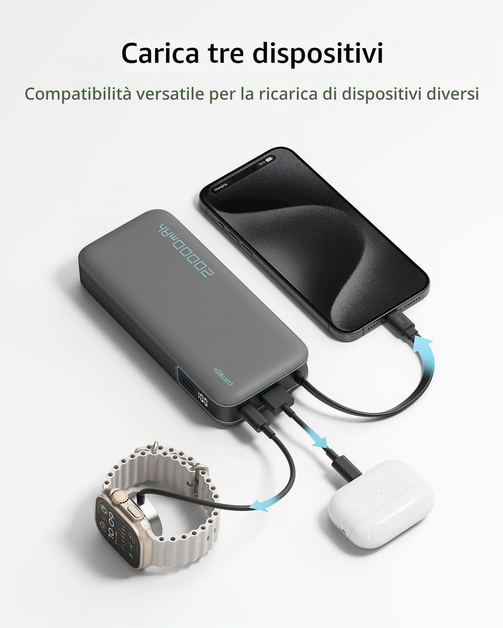 CUKTECH Power Bank 20000mAh,PD 45W Powerbank Caricabatterie Portatile con Cavo USB-C Incorporato,1 USB-C,1 USB-A,per iPhone, Galaxy, Xiaomi, MacBook e Altri