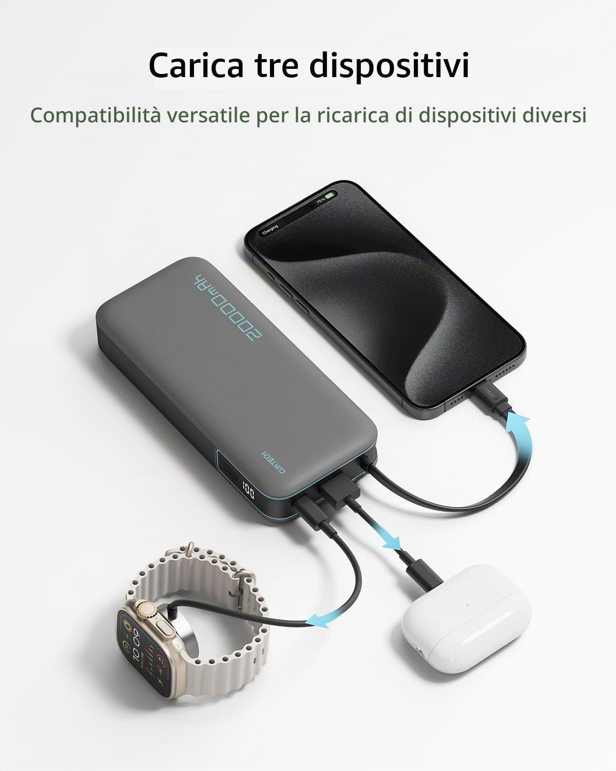 CUKTECH Power Bank 20000mAh,PD 45W Powerbank Caricabatterie Portatile con Cavo USB-C Incorporato,1 USB-C,1 USB-A,per iPhone, Galaxy, Xiaomi, MacBook e Altri