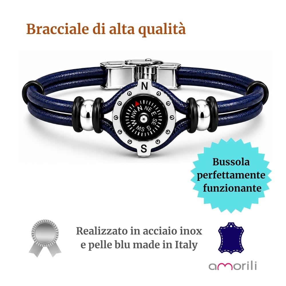 Bracciale Uomo con Bussola Ancora in Acciaio Inox e Pelle – Simbolo Nautico Marino – Idea Regalo Mare Estate – Braccialetto Elegante