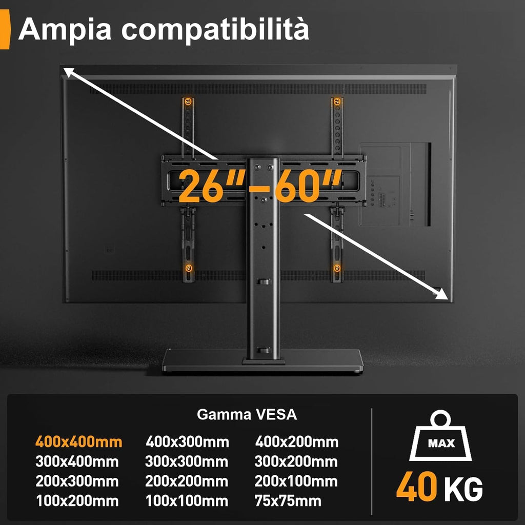 Supporto Girevole da Tavolo per TV da 26-60 Pollici - Piedistallo per TV Regolabile in Altezza con Base in Vetro Temperato, VESA Max 400x400mm, Fino a 40 kg
