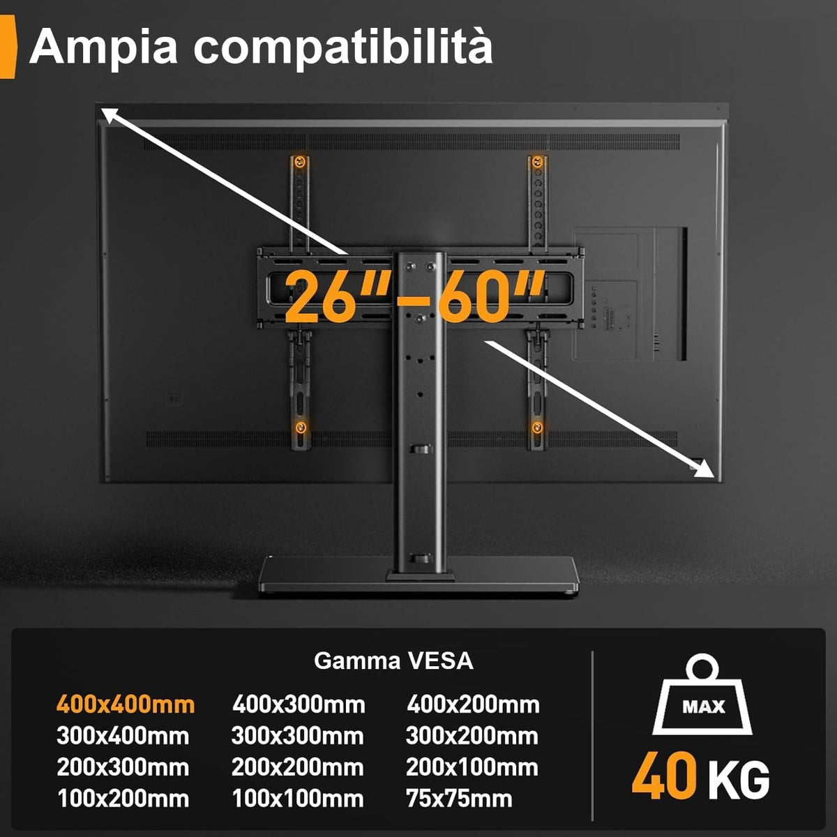Supporto Girevole da Tavolo per TV da 26-60 Pollici - Piedistallo per TV Regolabile in Altezza con Base in Vetro Temperato, VESA Max 400x400mm, Fino a 40 kg