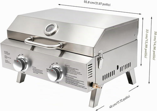 Barbecue a gas da tavolo a 2 bruciatori in acciaio inox, barbecue a gas portatile con termometro, accensione piezoelettrica, piedini pieghevoli per balcone, giardino, campeggio, barbecue, picnic