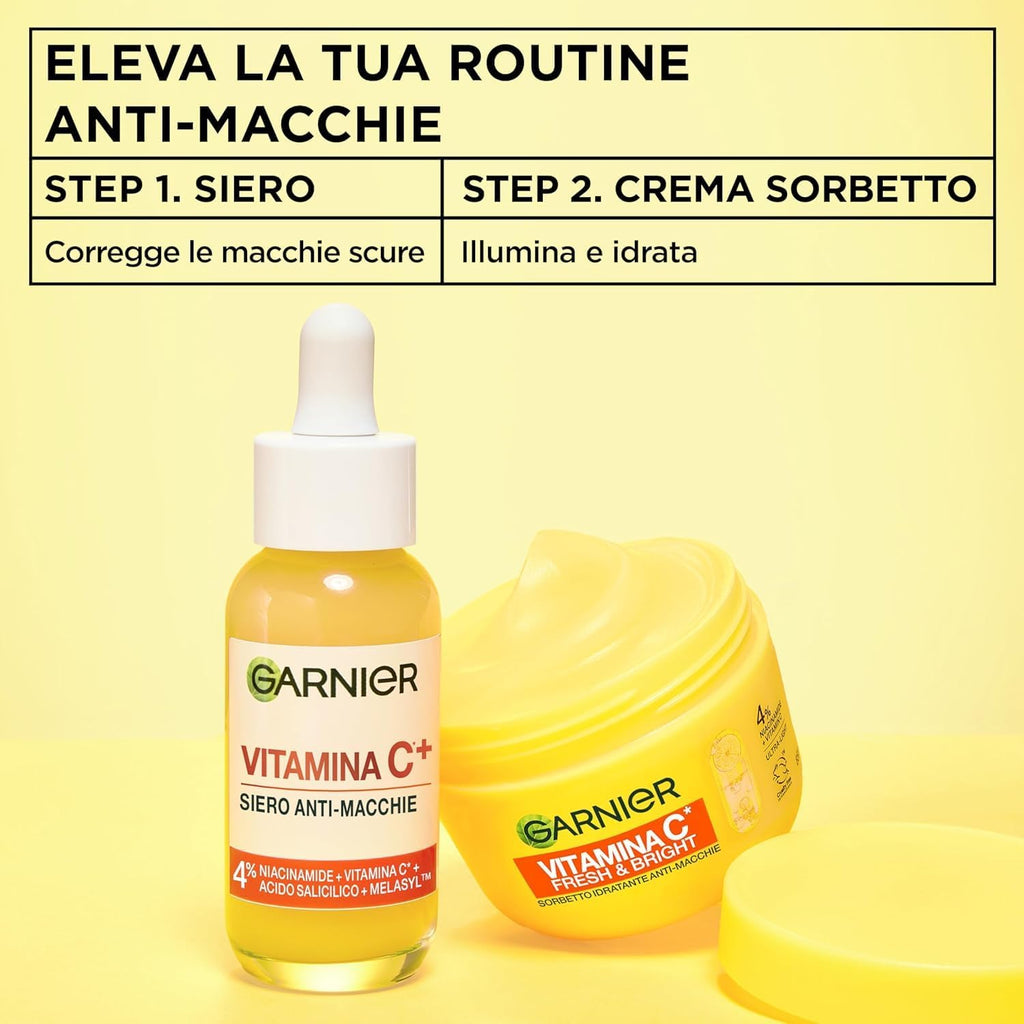 Garnier Routine Anti-Macchie: Siero Vitamina C Viso Potenziato con Niacinamide e Melasyl 30ml e Fresh & Bright Sorbetto Vitamina C Crema Viso Idratante Ultra Leggera 85ml