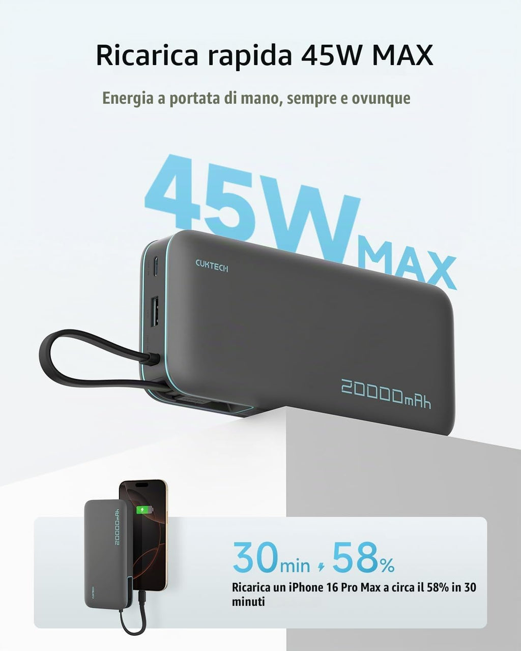 CUKTECH Power Bank 20000mAh,PD 45W Powerbank Caricabatterie Portatile con Cavo USB-C Incorporato,1 USB-C,1 USB-A,per iPhone, Galaxy, Xiaomi, MacBook e Altri