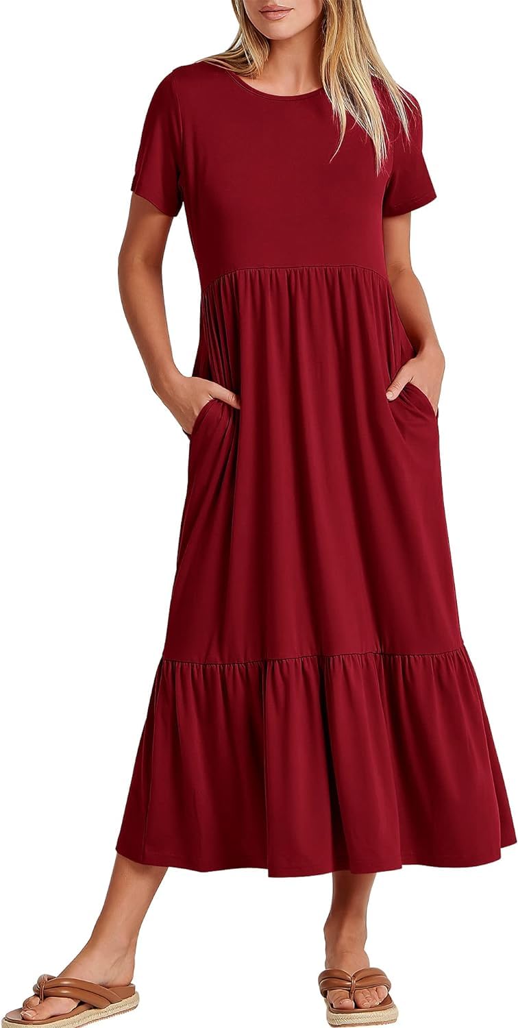 Maxi abito da spiaggia a strati fluente da donna - Abito estivo casual a maniche corte con tasche 2024 moda