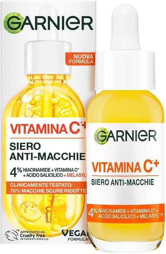 Garnier Siero Viso Vitamina C Anti-Macchie, Illuminante e Rimpolpante, Arricchito con Vitamina C, Niacinamide e Acido Salicilico, Pelle Libera dalle Macchie Scure in 6 Giorni, Incarnato Luminoso, 30ml