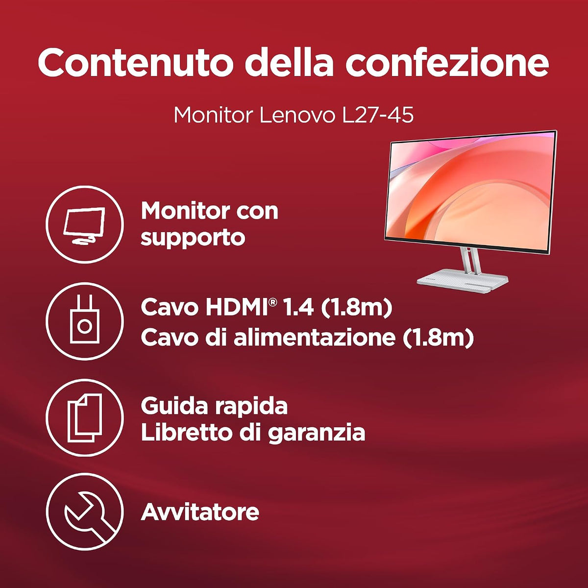 Lenovo L27-45 Monitor IPS 27" Full HD, 144Hz, 1ms, Altoparlanti integrati, HDMI e VGA, Ideale per Gaming, Studio e Home Office, VESA 100x100mm, AMD FreeSync, Inclinazione Regolabile
