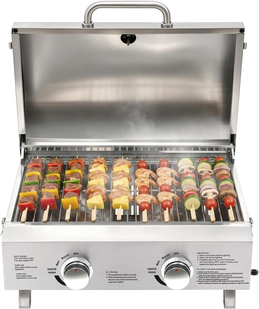 Barbecue a gas da tavolo a 2 bruciatori in acciaio inox, barbecue a gas portatile con termometro, accensione piezoelettrica, piedini pieghevoli per balcone, giardino, campeggio, barbecue, picnic