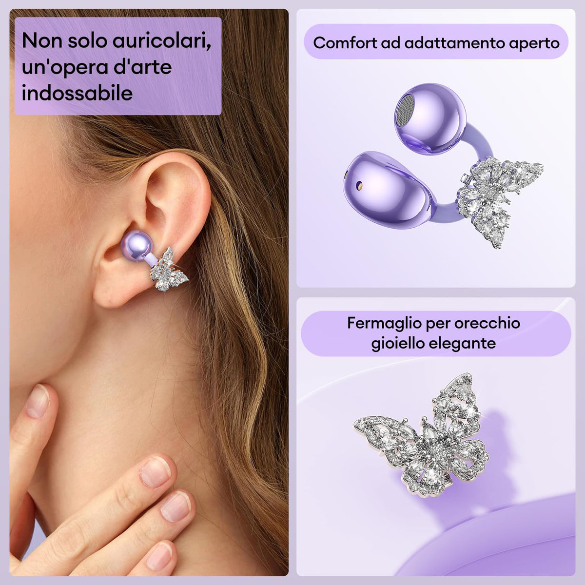 ZOMBIES CAT Auricolari Open Ear Clip-on con Schermo Touch Intelligente – Cuffie Bluetooth 5.4, Audio HiFi, Controllo Musicale & Volume, Auricolari Bluetooth per Sport,M100 Nero