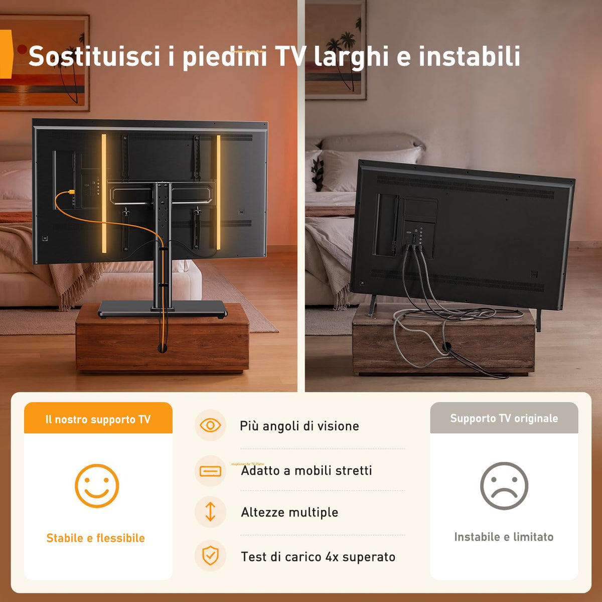 Supporto Girevole da Tavolo per TV da 26-60 Pollici - Piedistallo per TV Regolabile in Altezza con Base in Vetro Temperato, VESA Max 400x400mm, Fino a 40 kg