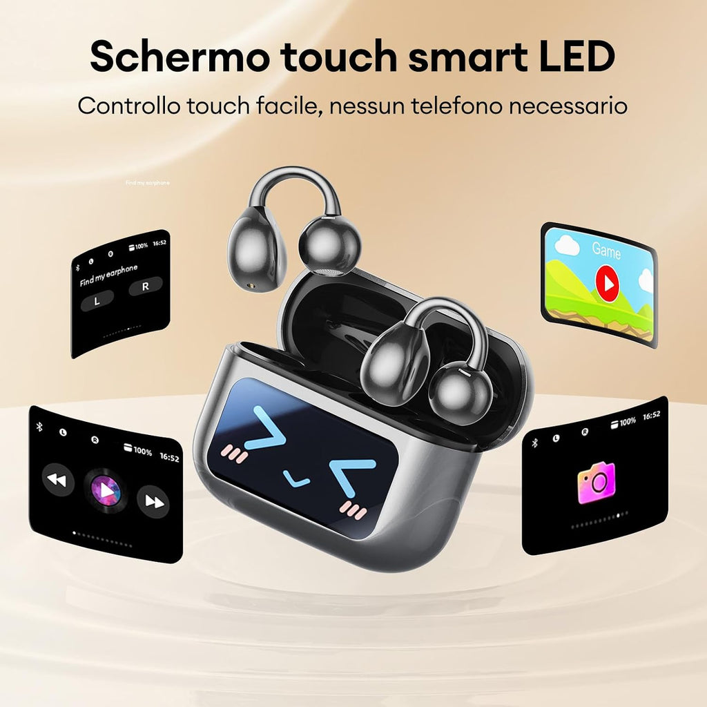 ZOMBIES CAT Auricolari Open Ear Clip-on con Schermo Touch Intelligente – Cuffie Bluetooth 5.4, Audio HiFi, Controllo Musicale & Volume, Auricolari Bluetooth per Sport,M100 Nero