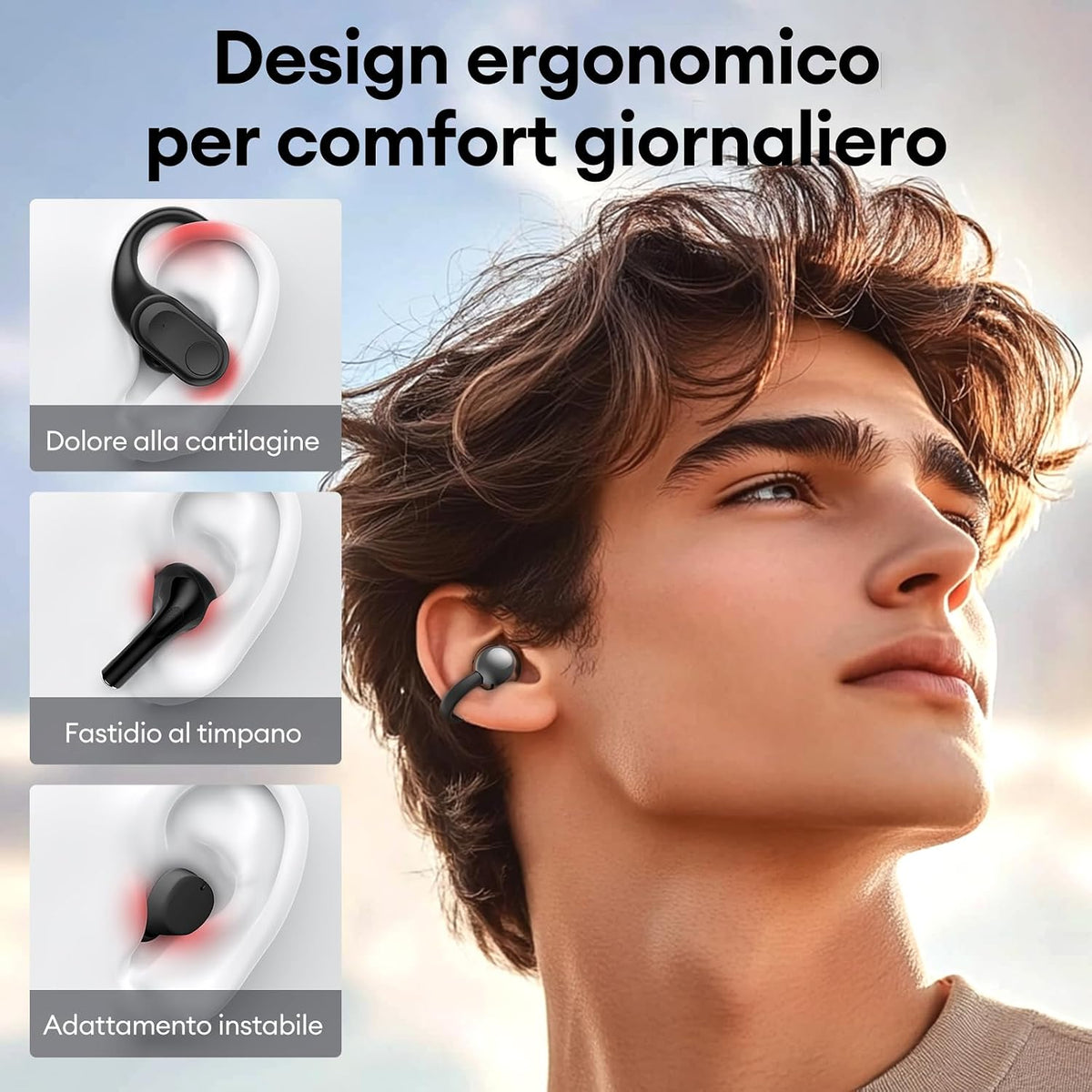 ZOMBIES CAT Auricolari Open Ear Clip-on con Schermo Touch Intelligente – Cuffie Bluetooth 5.4, Audio HiFi, Controllo Musicale & Volume, Auricolari Bluetooth per Sport,M100 Nero