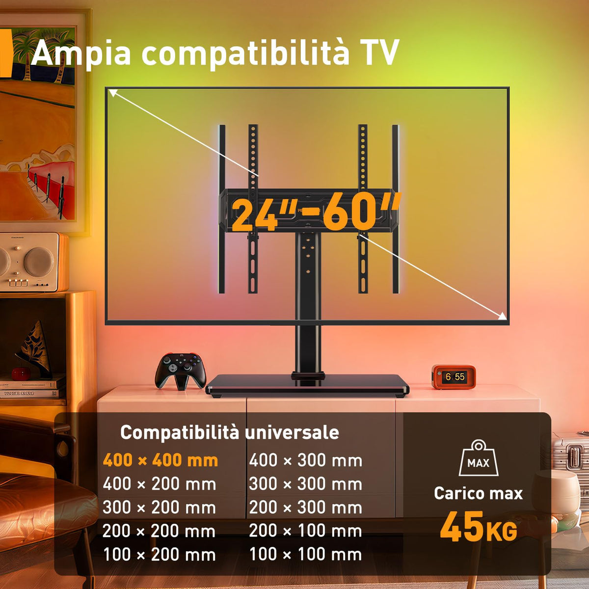 Supporto Girevole da Tavolo per TV da 26-60 Pollici - Piedistallo per TV Regolabile in Altezza con Base in Vetro Temperato, VESA Max 400x400mm, Fino a 40 kg