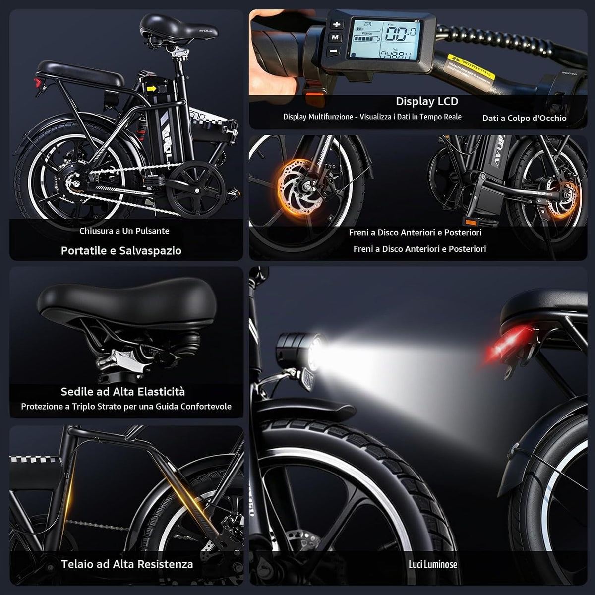 A10 Bici Elettrica, 16" Bicicletta Elettrica Pieghevole con Autonomia di 30-50 km, Batteria Rimovibile 36V 12.8Ah, 3 Modalità di Guida, Velocità 10/15/25 KM/H, E-Bike per Adulti e Adolescente-120kg
