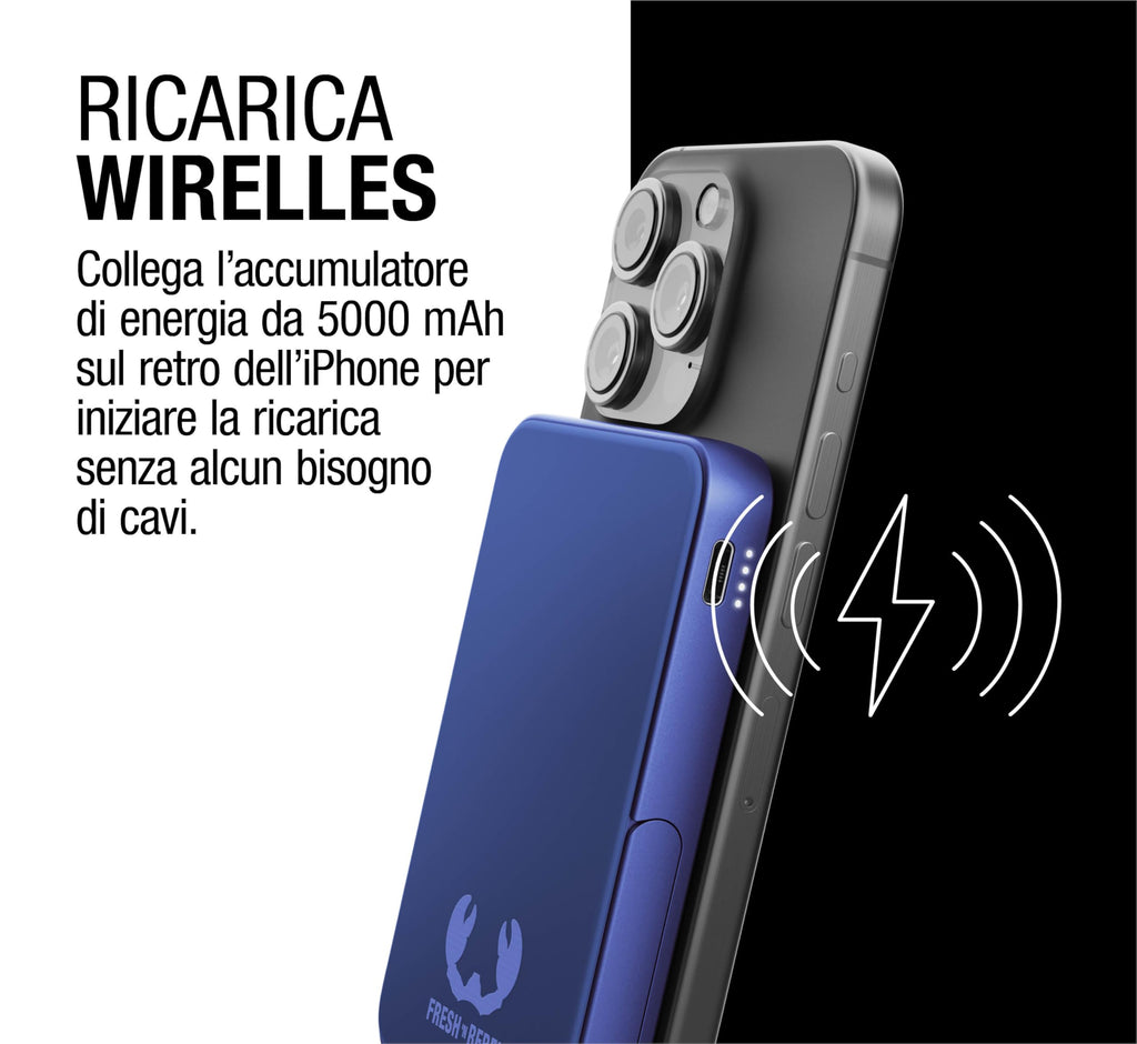 Fresh 'n Rebel Powerbank Magnetico Senza Fili 5000mAh, compatibile con MagSafe, Ricarica Rapida PD 20W, porta USB-C (in/Out), per iPhone 17/16/15/14/13/12, Portatile, con Supporto (Storm Grey)