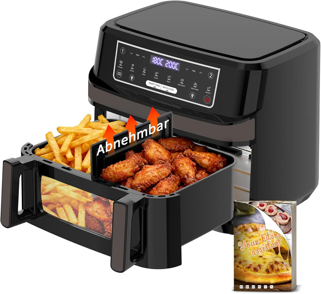 Friggitrice ad Aria 12L | Friggitrice Aria XXL Modalità Flessibile 1 o 2 Zone, 2600W Doppia Resistenza Controllo Indipendente Finestra & Luce Interna, Air Fryer Grande 8-in-1 Touch Control Ricettario