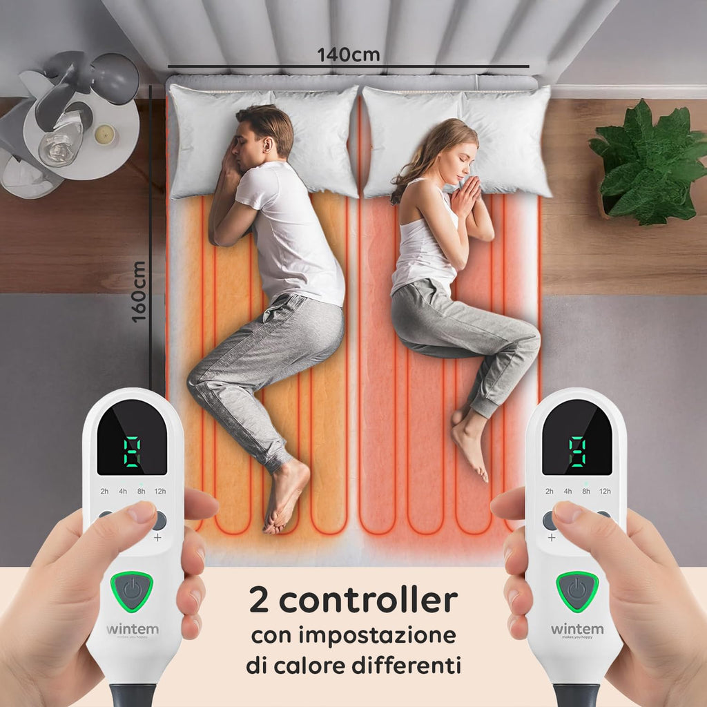 Wintem - Comfy+ Coprimaterasso Elettrico Matrimoniale 160x140cm - Scaldaletto con 4 Livelli di Temperatura - Coperta Elettrica Riscaldante in Poliestere - Timer 8h - Sicurezza Anti-Surriscaldamento