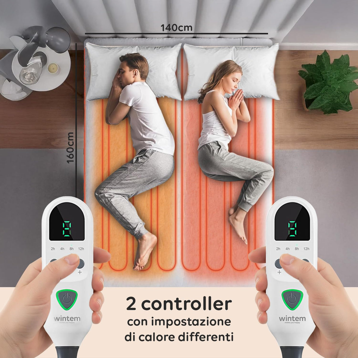 Wintem - Comfy+ Coprimaterasso Elettrico Matrimoniale 160x140cm - Scaldaletto con 4 Livelli di Temperatura - Coperta Elettrica Riscaldante in Poliestere - Timer 8h - Sicurezza Anti-Surriscaldamento