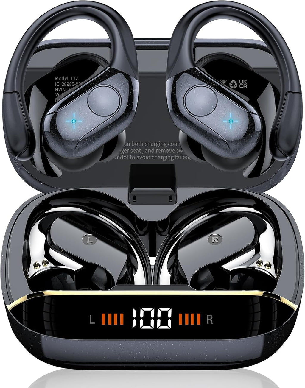 Qecnato Cuffie Bluetooth Senza Fili, Auricolari Bluetooth 5.4 con Stereo HiFi, 75 Ore, Auricolari con 4 ENC Mic, Display LED, IP7 impermeabili Cuffiette Wireless per Jogging, Lavoro, Nero