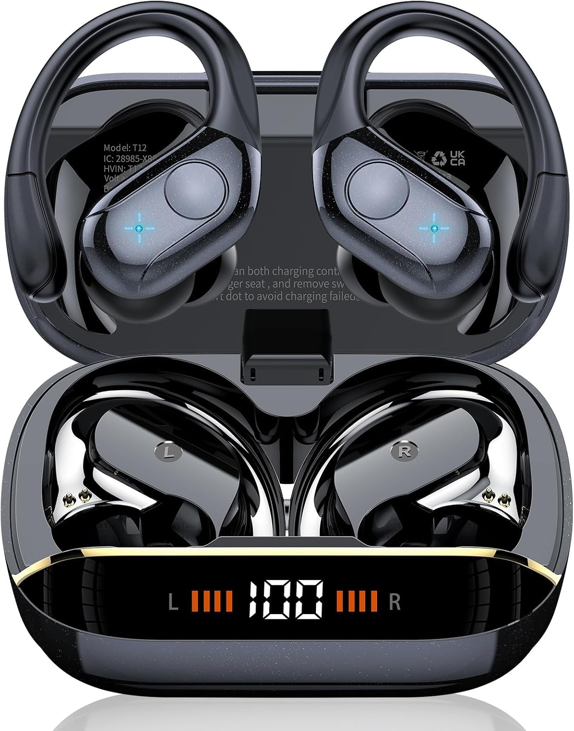 Qecnato Cuffie Bluetooth Senza Fili, Auricolari Bluetooth 5.4 con Stereo HiFi, 75 Ore, Auricolari con 4 ENC Mic, Display LED, IP7 impermeabili Cuffiette Wireless per Jogging, Lavoro, Nero