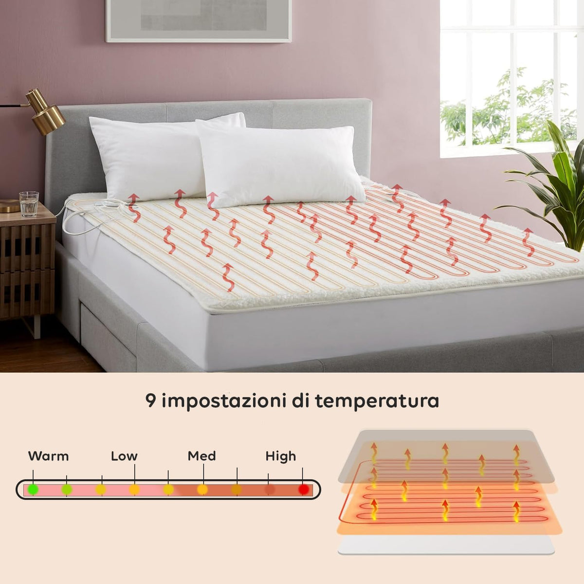 Wintem - Comfy+ Coprimaterasso Elettrico Matrimoniale 160x140cm - Scaldaletto con 4 Livelli di Temperatura - Coperta Elettrica Riscaldante in Poliestere - Timer 8h - Sicurezza Anti-Surriscaldamento