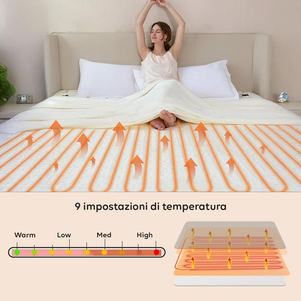 Wintem - Comfy+ Coprimaterasso Elettrico Matrimoniale 160x140cm - Scaldaletto con 4 Livelli di Temperatura - Coperta Elettrica Riscaldante in Poliestere - Timer 8h - Sicurezza Anti-Surriscaldamento