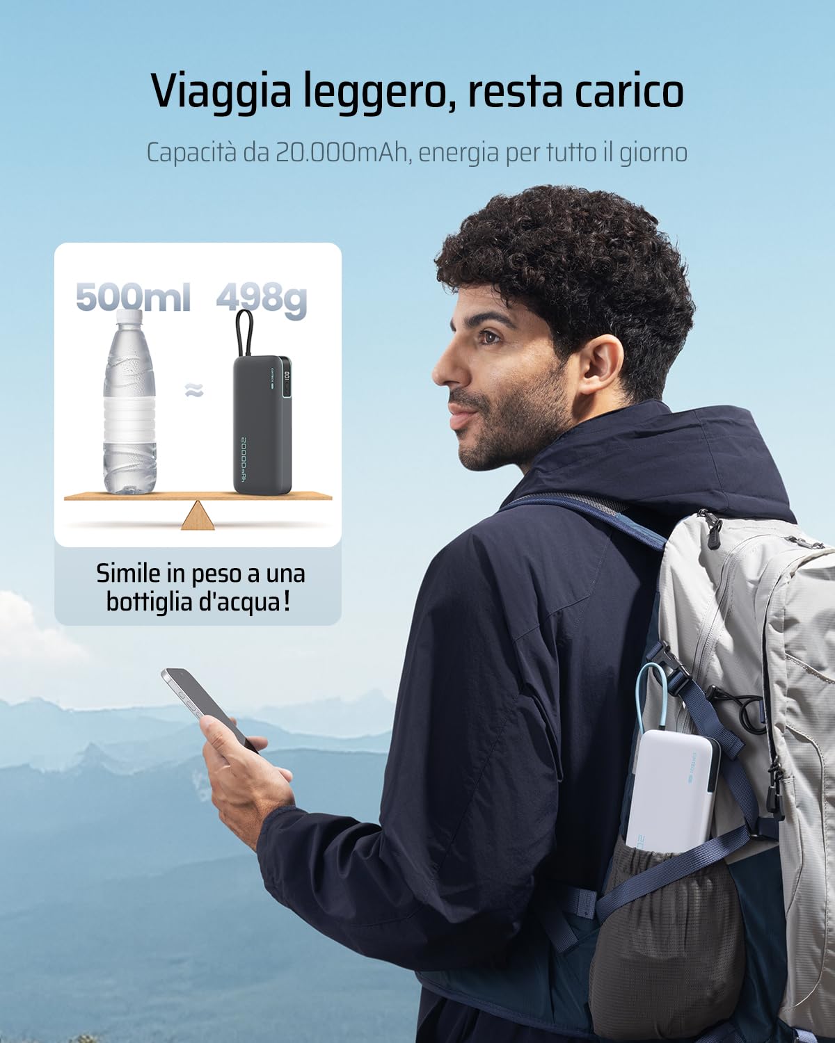 CUKTECH Power Bank 20000mAh,PD 45W Powerbank Caricabatterie Portatile con Cavo USB-C Incorporato,1 USB-C,1 USB-A,per iPhone, Galaxy, Xiaomi, MacBook e Altri
