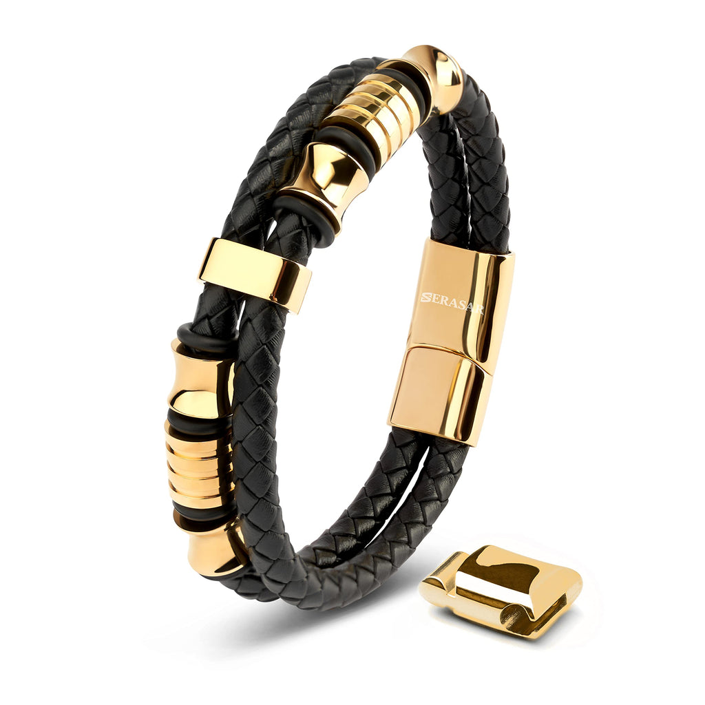 SERASAR - Bracciale da uomo in pelle di alta qualità, con chiusura magnetica in acciaio inox, nero, argento e oro, con scatola per gioielli, ottima idea regalo
