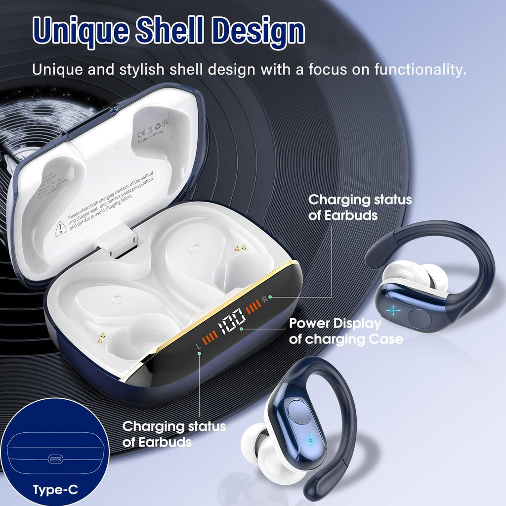Qecnato Cuffie Bluetooth Senza Fili, Auricolari Bluetooth 5.4 con Stereo HiFi, 75 Ore, Auricolari con 4 ENC Mic, Display LED, IP7 impermeabili Cuffiette Wireless per Jogging, Lavoro, Nero