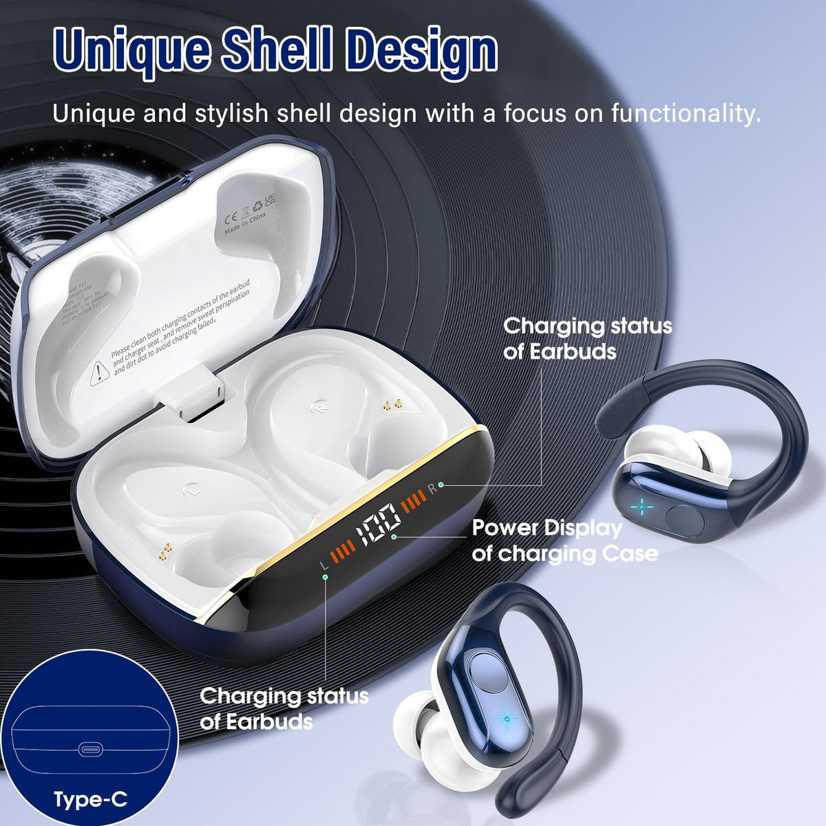 Qecnato Cuffie Bluetooth Senza Fili, Auricolari Bluetooth 5.4 con Stereo HiFi, 75 Ore, Auricolari con 4 ENC Mic, Display LED, IP7 impermeabili Cuffiette Wireless per Jogging, Lavoro, Nero
