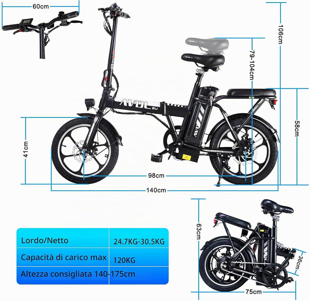 A10 Bici Elettrica, 16" Bicicletta Elettrica Pieghevole con Autonomia di 30-50 km, Batteria Rimovibile 36V 12.8Ah, 3 Modalità di Guida, Velocità 10/15/25 KM/H, E-Bike per Adulti e Adolescente-120kg