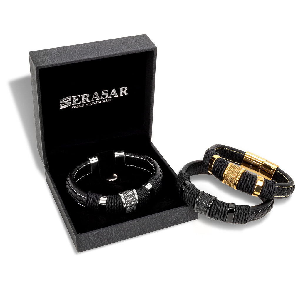 SERASAR - Bracciale da uomo in pelle di alta qualità, con chiusura magnetica in acciaio inox, nero, argento e oro, con scatola per gioielli, ottima idea regalo
