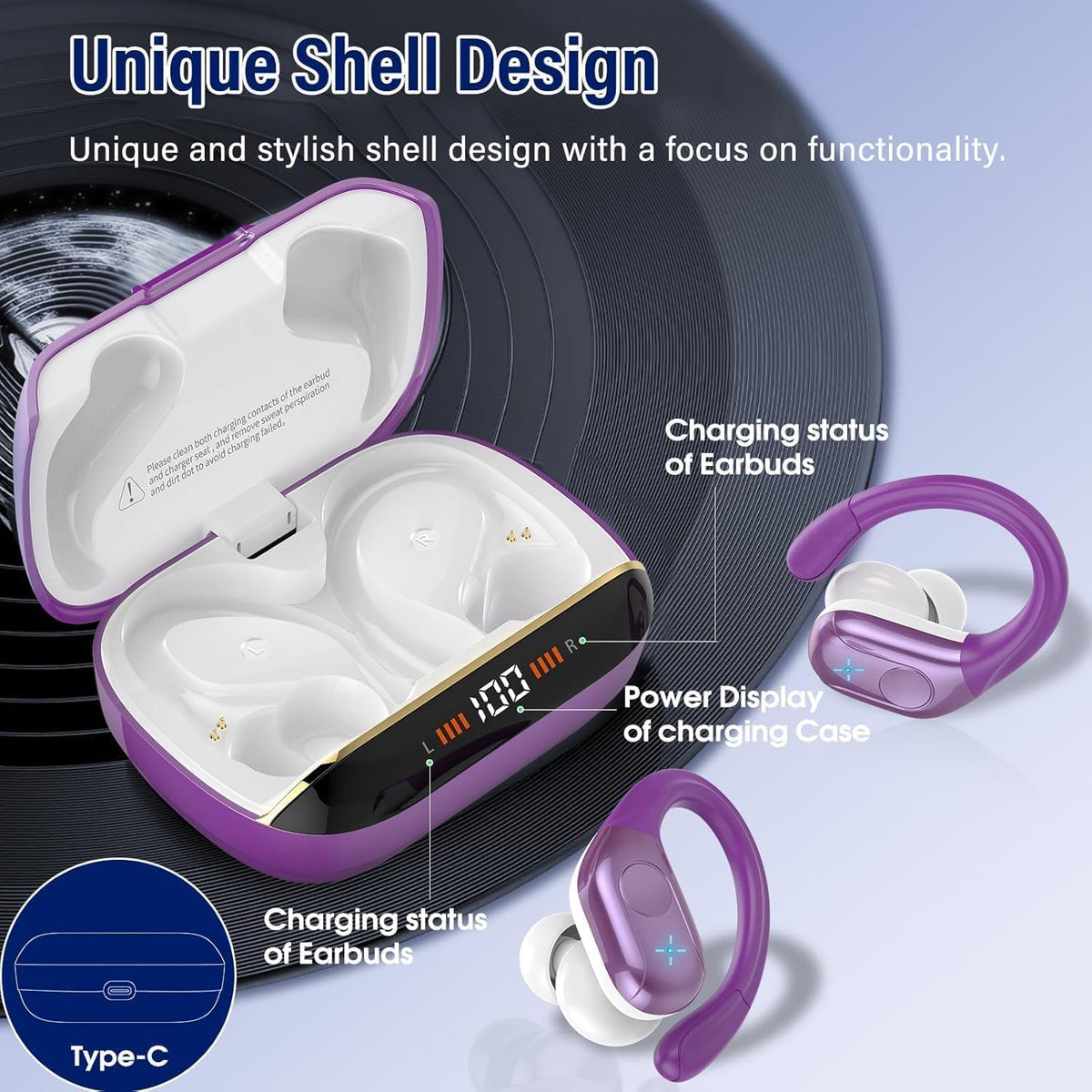 Qecnato Cuffie Bluetooth Senza Fili, Auricolari Bluetooth 5.4 con Stereo HiFi, 75 Ore, Auricolari con 4 ENC Mic, Display LED, IP7 impermeabili Cuffiette Wireless per Jogging, Lavoro, Nero