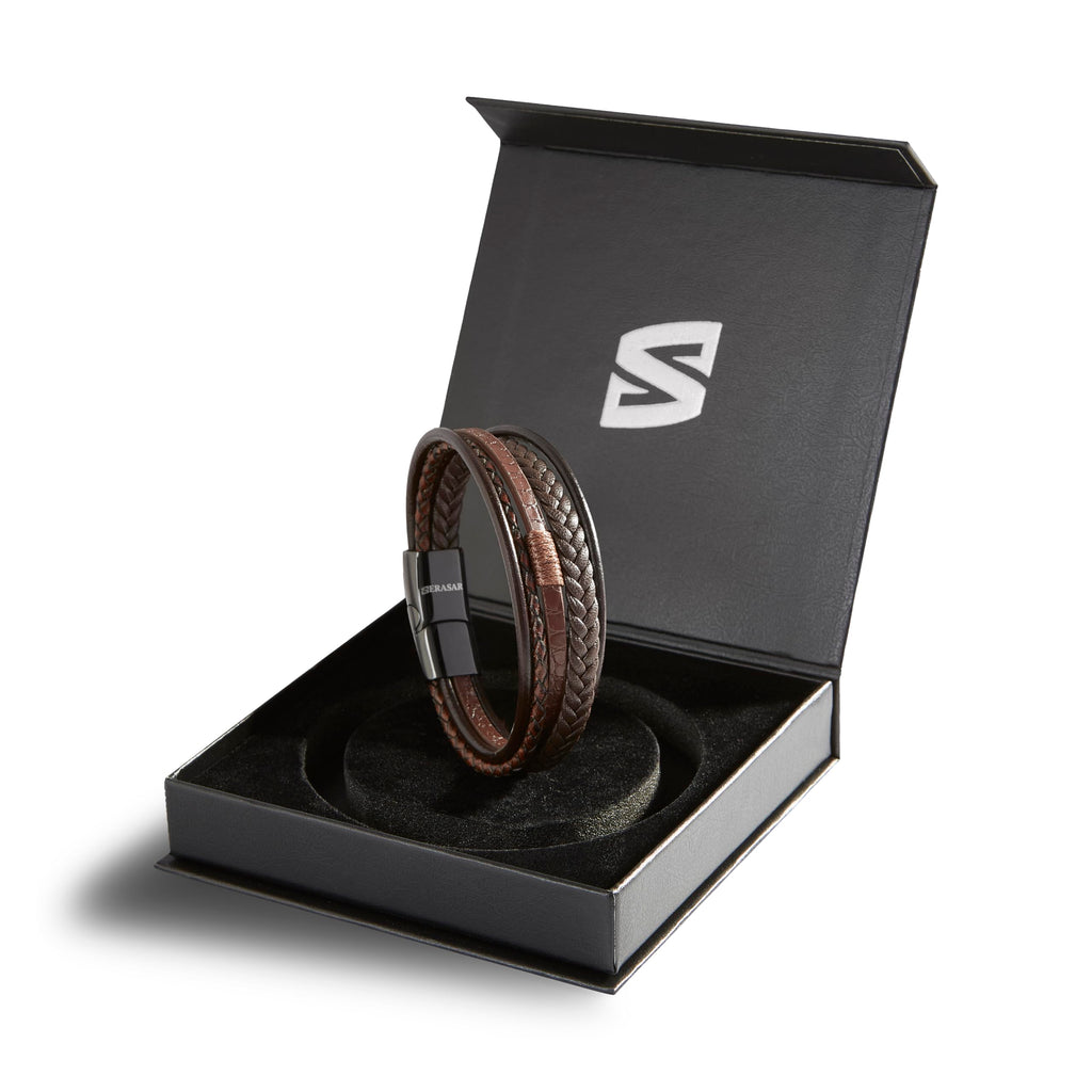 SERASAR Bracciale Uomo Pelle Nera/Marrone, 3 Misure, con Confezione Regalo
