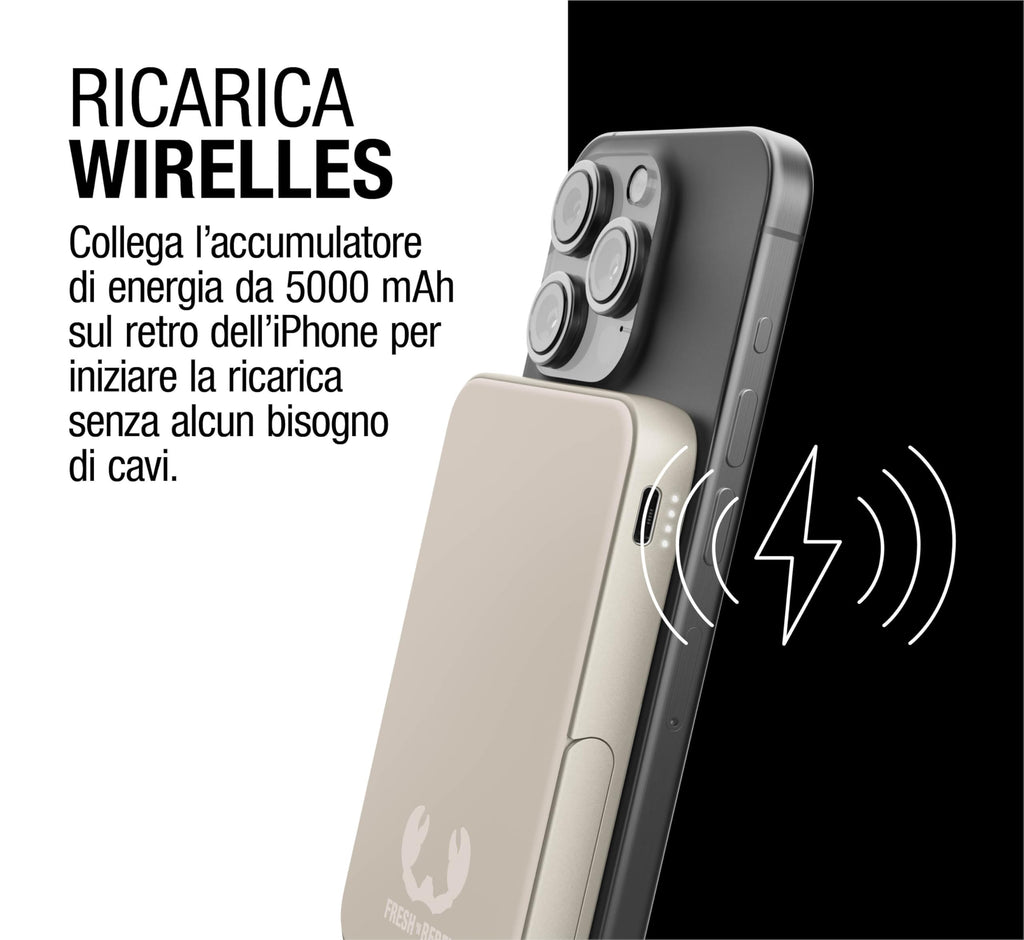 Fresh 'n Rebel Powerbank Magnetico Senza Fili 5000mAh, compatibile con MagSafe, Ricarica Rapida PD 20W, porta USB-C (in/Out), per iPhone 17/16/15/14/13/12, Portatile, con Supporto (Storm Grey)
