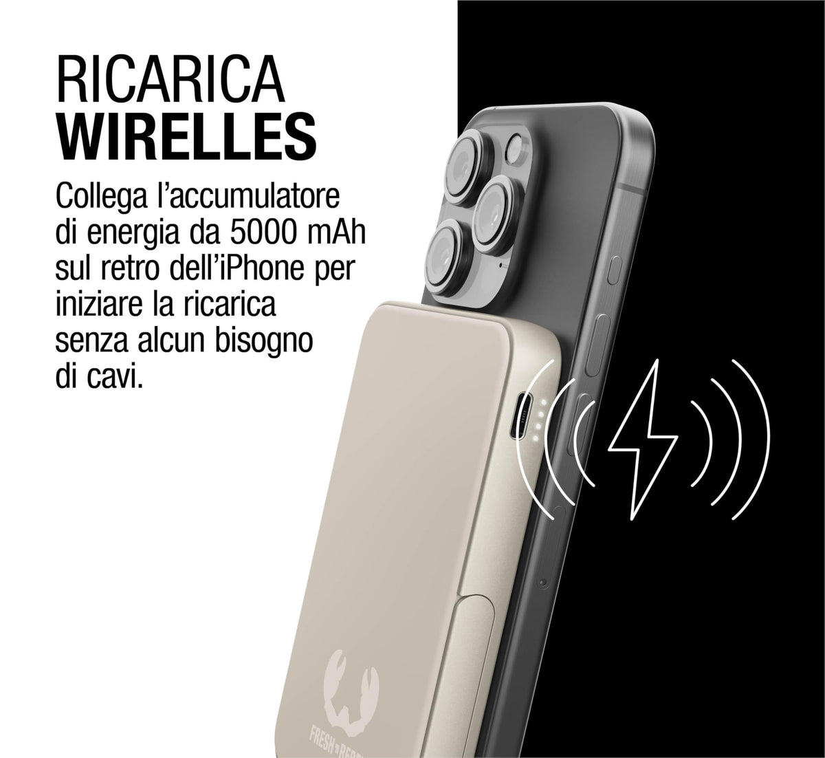 Fresh 'n Rebel Powerbank Magnetico Senza Fili 5000mAh, compatibile con MagSafe, Ricarica Rapida PD 20W, porta USB-C (in/Out), per iPhone 17/16/15/14/13/12, Portatile, con Supporto (Storm Grey)