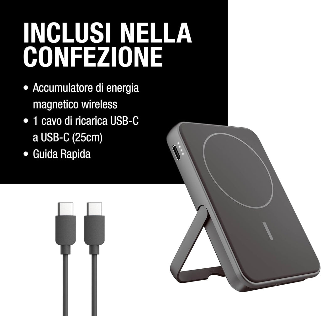 Fresh 'n Rebel Powerbank Magnetico Senza Fili 5000mAh, compatibile con MagSafe, Ricarica Rapida PD 20W, porta USB-C (in/Out), per iPhone 17/16/15/14/13/12, Portatile, con Supporto (Storm Grey)