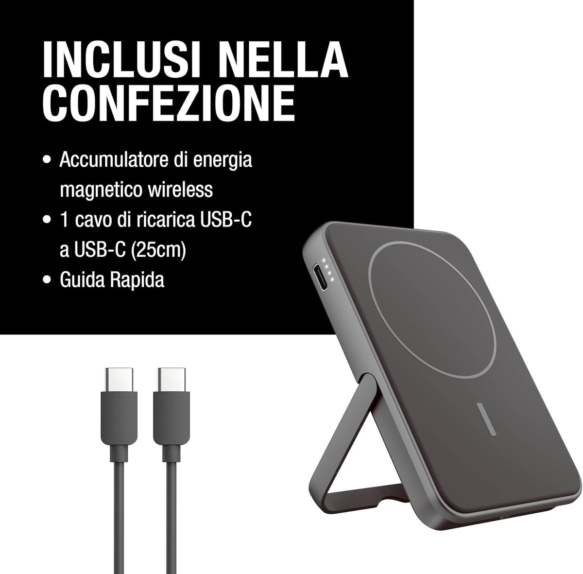 Fresh 'n Rebel Powerbank Magnetico Senza Fili 5000mAh, compatibile con MagSafe, Ricarica Rapida PD 20W, porta USB-C (in/Out), per iPhone 17/16/15/14/13/12, Portatile, con Supporto (Storm Grey)