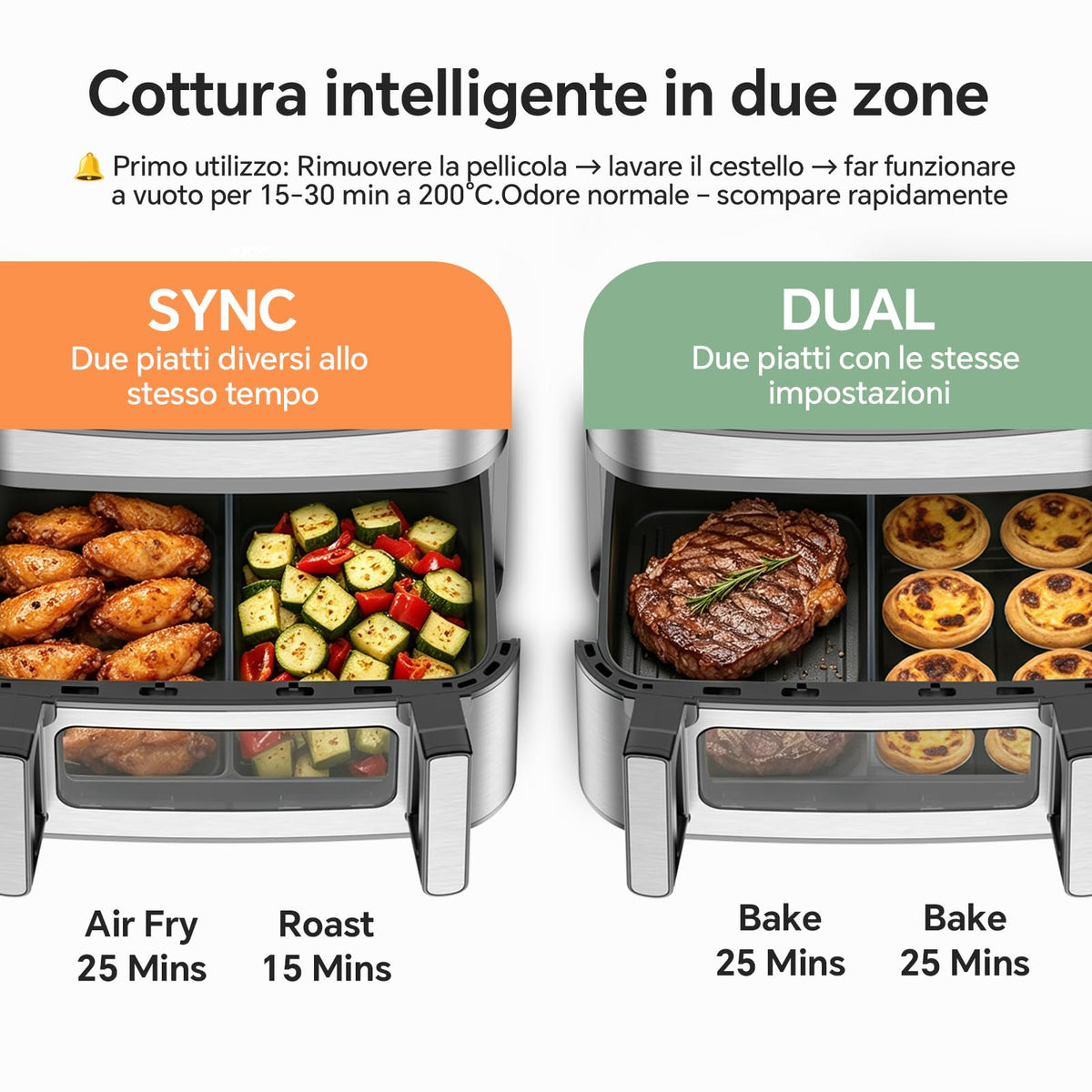 Friggitrice ad Aria 12L | Friggitrice Aria XXL Modalità Flessibile 1 o 2 Zone, 2600W Doppia Resistenza Controllo Indipendente Finestra & Luce Interna, Air Fryer Grande 8-in-1 Touch Control Ricettario