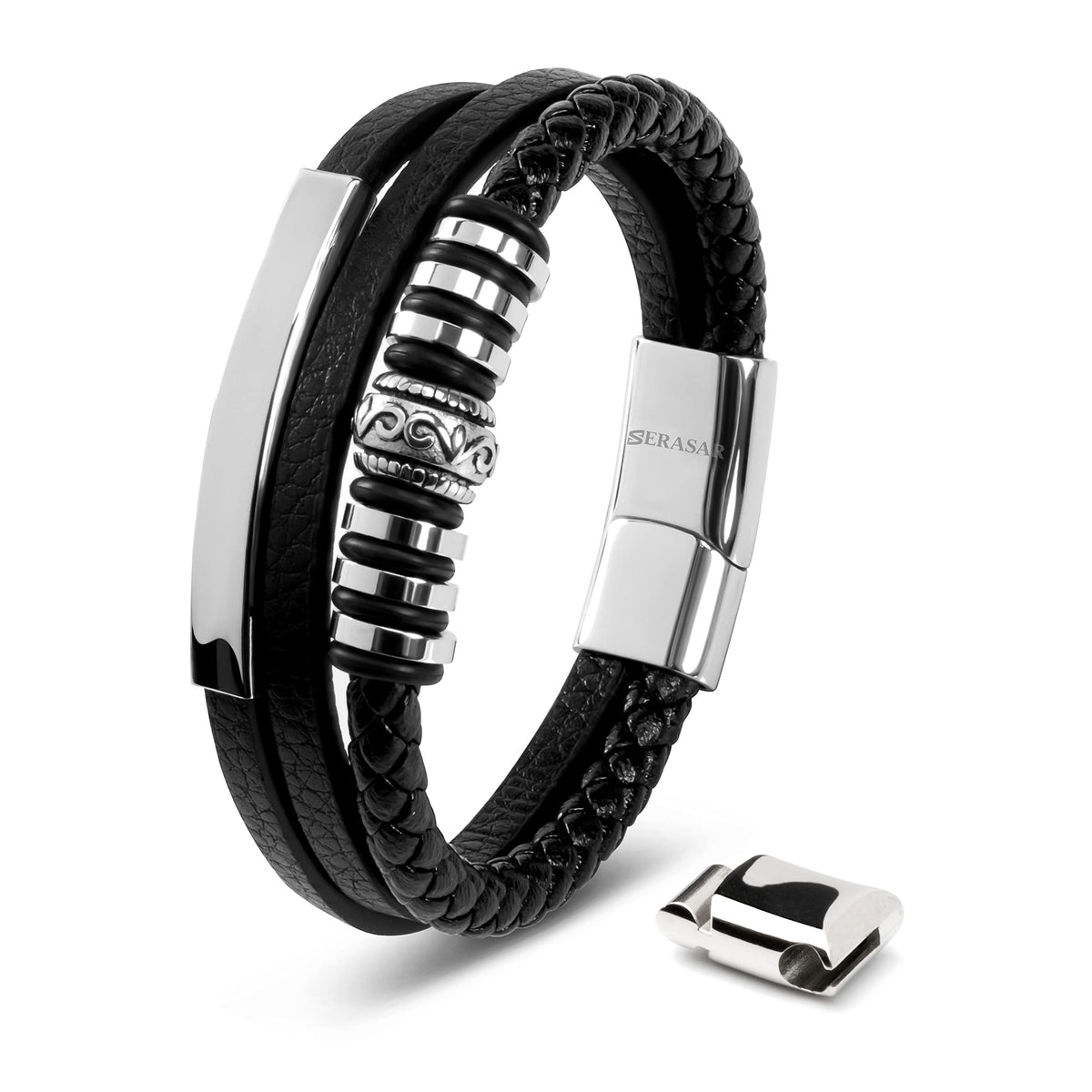 SERASAR - Bracciale da uomo in pelle di alta qualità, con chiusura magnetica in acciaio inox, nero, argento e oro, con scatola per gioielli, ottima idea regalo